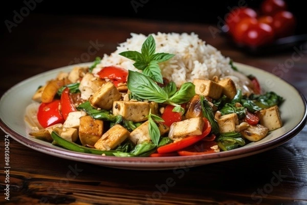 Fototapeta Fresh Thai food stir fry with tofu and white jasmine rice.
