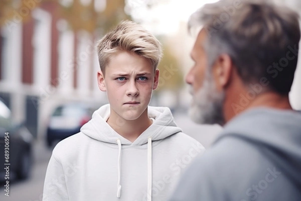 Obraz Close up caucasian middle aged man and blonde guy talking outdoors, adolescence problems, two generation conflict concept