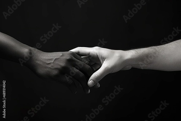 Obraz Two hands clasped together in a black and white photo. Can be used to represent unity, support, or friendship.