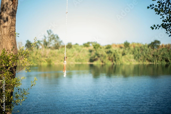 Obraz Detail of a stick and a rope tied to a tree to jump into the water in a lake. Sunny summer day.