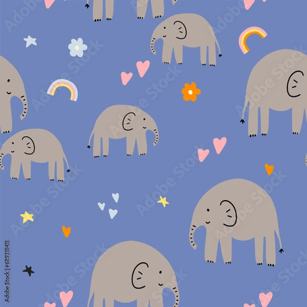 Fototapeta Animals Parent with Baby. Elephant animal. Brightly colored childish print. Cute animals for Mother's Day. Colorful kids seamless pattern