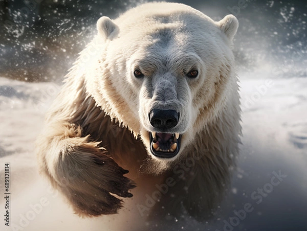 Fototapeta Angry Polar Bear Leaping Toward the Camera, Teeth Bared in a Powerful Charge