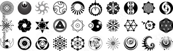 Fototapeta Real Crop Circle Image Icon Set - Geoglyph Round Element Clipart - Agroglyph Sacral Geometry Shape Design 
