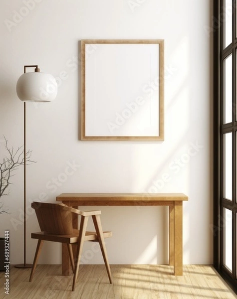 Fototapeta rendering of a room with a chair, chair, wall frame and neutral bedding