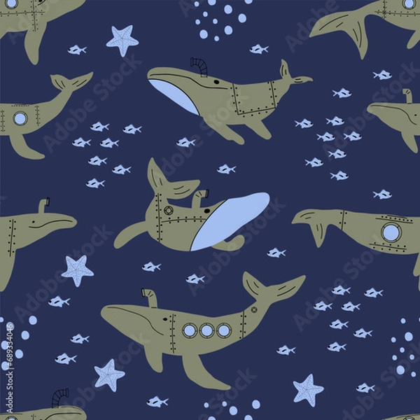 Fototapeta Submarine Whales. Vector colored childish seamless pattern with whales in scandinavian style. Cute kids background