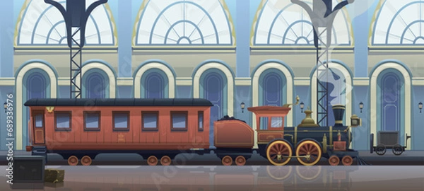 Fototapeta Passenger train at the railway station. Vintage steam locomotive with passenger carriage, platform, luggage trolley, boxes. Interior of the station building, 19th century architecture. Vector cartoon
