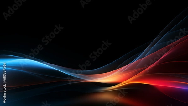 Fototapeta stromlinenförmige verlaufende abstrakte Licht Wellen in den Farben blau, cyan, rot und orange auf schwarzem Hintergrund. Querformat 16:9. Generative Ai