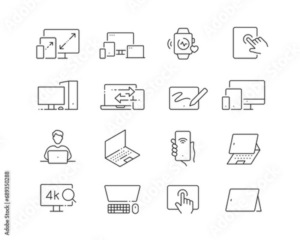 Fototapeta Screen Devices and Tech Icon collection containing 16 editable stroke icons. Perfect for logos, stats and infographics. Edit the thickness of the line in Adobe Illustrator (or any vector capable app).