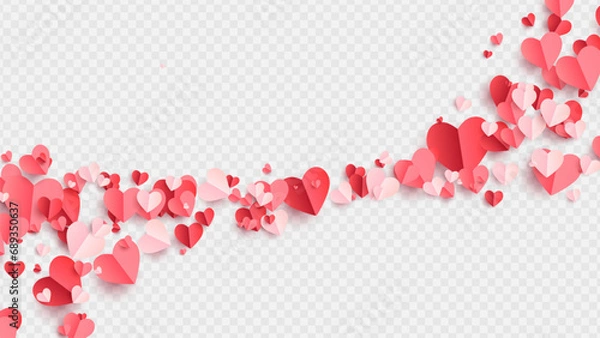 Fototapeta Valentines hearts postcard. Paper flying elements on transparent background. Vector symbols of love in shape of heart for Happy Women's, Mother's, Valentine's Day, birthday greeting card design. PNG	