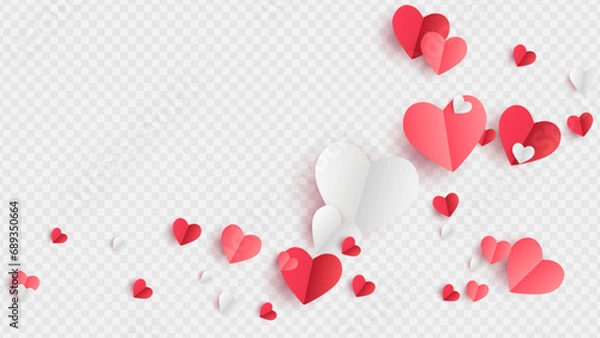 Fototapeta Valentines hearts postcard. Paper flying elements on transparent background. Vector symbols of love in shape of heart for Happy Women's, Mother's, Valentine's Day, birthday greeting card design. PNG	