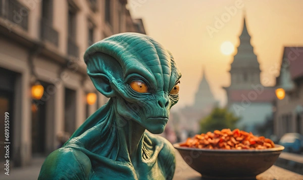 Obraz closeup of a green alien with orange eyes in front of ancient cityscape as blurry background, generative AI