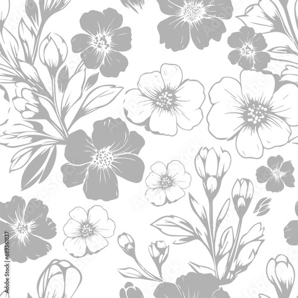 Fototapeta Pattern with thin curl lines and stylized leaves hand drawing. Not AI, Monochrome abstract floral linear texture. Seamless vector gray with butterflies design.