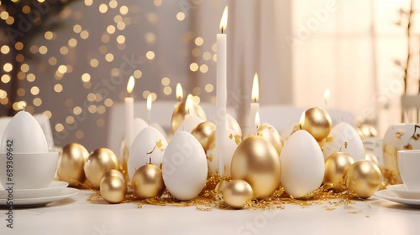 Fototapeta Easter. Easter table. candles and Easter eggs. Banner. Generated AI. Edited in Photoshop