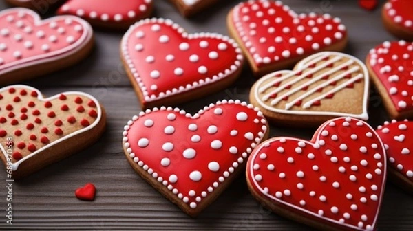 Fototapeta Delicious heart-shaped cookies on a rustic wooden table. Generative AI.