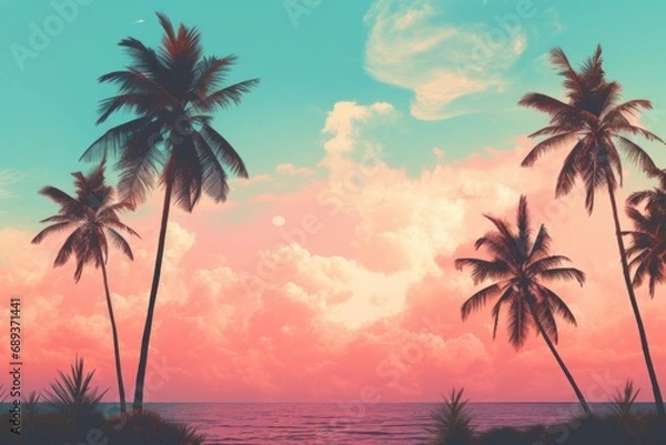 Fototapeta palm tree trees on the shore on a turquoise and pink beach background,