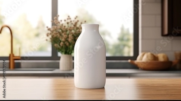 Fototapeta white milk bottle with blank front, realistic on a mockup template in a wooden table