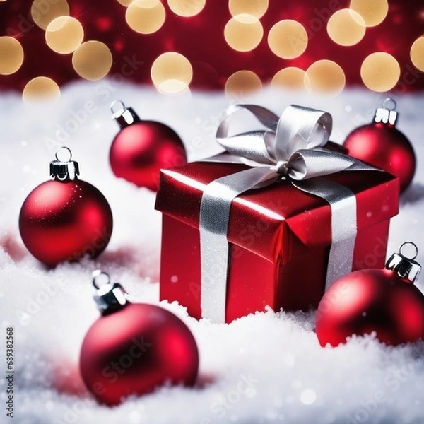 Fototapeta Christmas Gifts box on a snowy background, A bokeh background effect.
