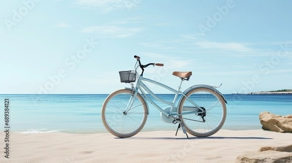 Fototapeta a bicycle near the beach, capturing the serene atmosphere and coastal charm, emphasizing the simplicity and tranquility of the beachside scene.