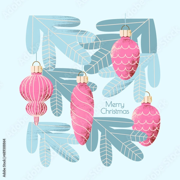 Fototapeta Set of Christmas tree decorations in shape of pine cone, icicle and ball on fir branches. Stylish Christmas greeting postcard in soft pink and blue colors.