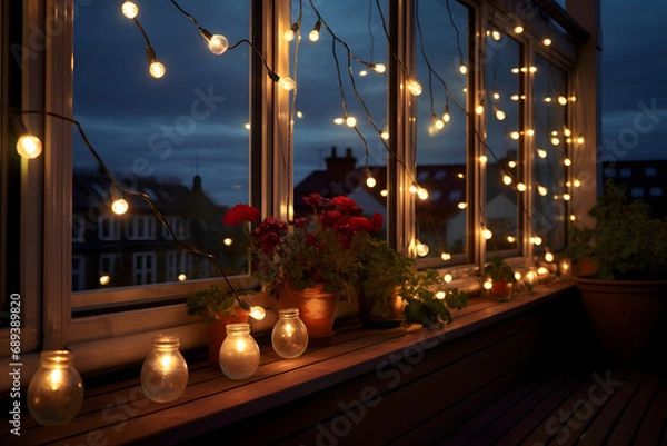 Fototapeta front porch of house with lights, cozy evening lights