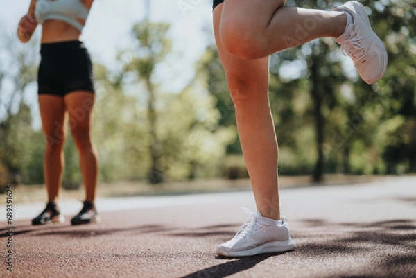 Obraz Fit and active women enjoy a sunny day in the park, jogging, training, and staying fit.