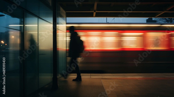 Fototapeta Young man using public transport to get to lovely work early in morning on cold spring day. Young man returning to pleasant home after hard day of work passing metro carriage