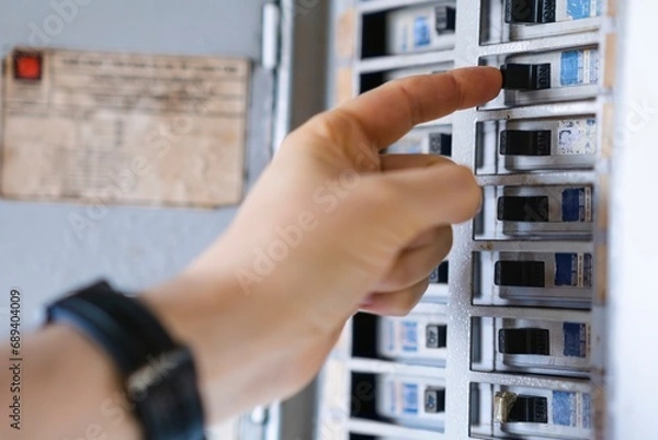Fototapeta Hand turns on electricity breaker, home light control, electrical system maintenance