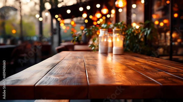 Fototapeta Wood table on blur of cafe. Wooden table made of boards, New Year's Eve, Christmas. Front perspective view. Empty table. Mockup, template, no items on the table. No people. Vibrant illustration