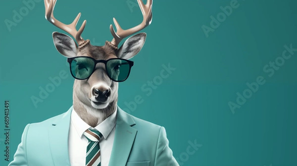 Obraz Modern Xmas Deer with hipster sunglasses and business suit like a Boss. Creative animal concept banner. Trendy Pastel teal green background