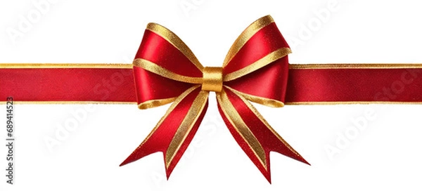Fototapeta Shiny red and gold satin ribbon bow, isolated on transparent background