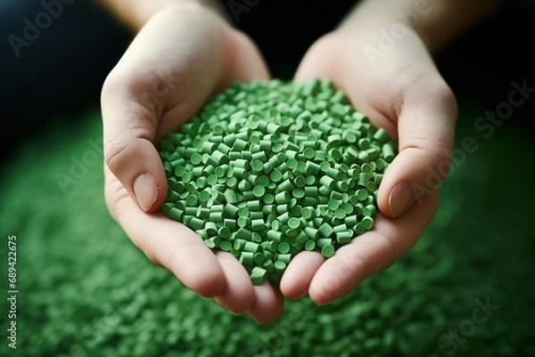 Obraz Close-up of hands holding a heap of green, eco-friendly biodegradable plastic pellets