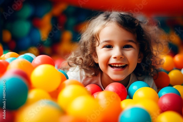 Fototapeta Happy little girl having fun in ball pit in kids indoor play center, Child playing with colorful balls in playground ball pool. Children's day concept. Generative AI