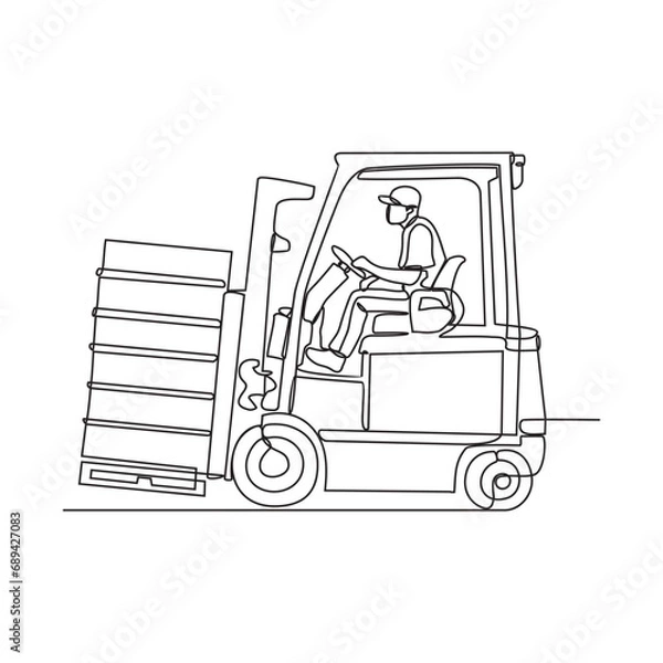 Fototapeta One continuous line drawing of a forklift with its operator is lifting boxes of goods at the project site vector illustration. Construction Project design concept with simple linear style. 