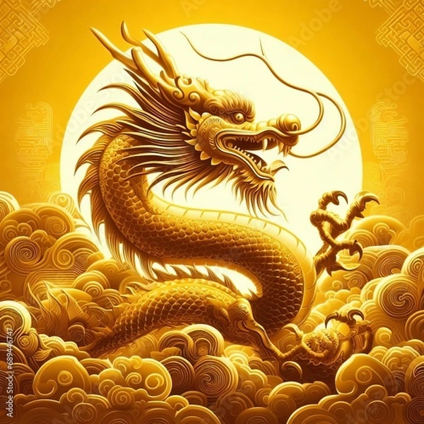 Fototapeta 3d rendering illustration for happy chinese new year 2024 the dragon zodiac sign with flower, lantern, asian elements, red and gold on background
