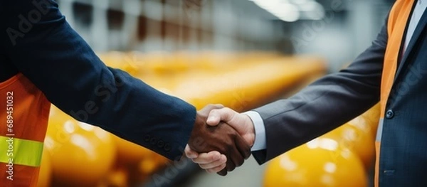 Fototapeta Close-up of two engineers shaking hands in a construction site.
