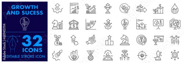 Fototapeta Growth and Success Editable Stroke icon set, Business Success, Technology performance, Sustainability gain, improvement, growth, chart, development chart. Solid  Vector illustration icon set.