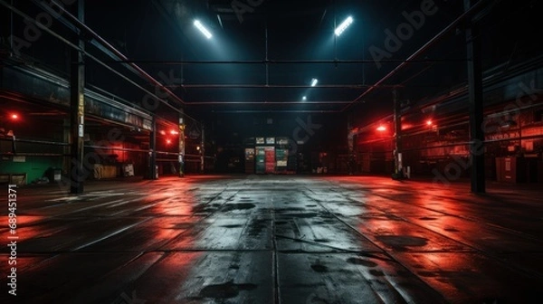 Fototapeta Empty warehouse with red lights in the night, toned image.