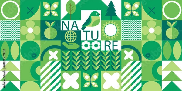 Fototapeta Geometric background with an image of abstract nature. Forest, trees, butterflies, planet, flowers.Minimalistic shapes.  Bauhaus .Seamless pattern.2.