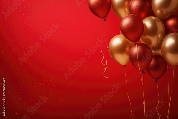 Fototapeta Red and gold balloons on a red background.