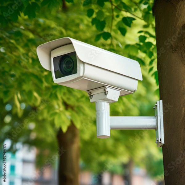 Fototapeta Modern public white CCTV camera on a tree