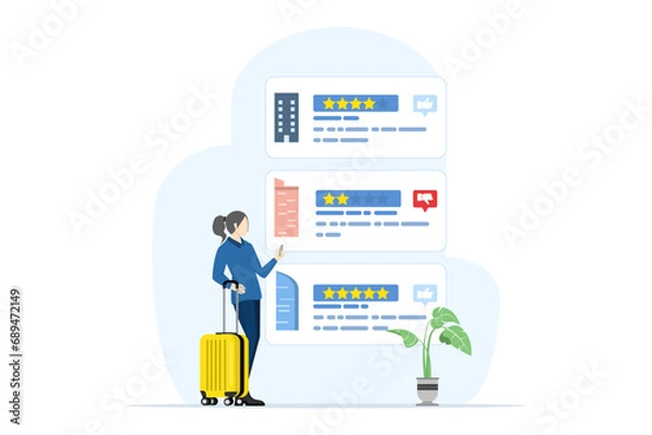 Fototapeta Travel, vacation and accommodation concept. tourists choose hotels and book rooms online flat vector illustration. Search or select hotels, inns and apartments via the internet. vector illustration.