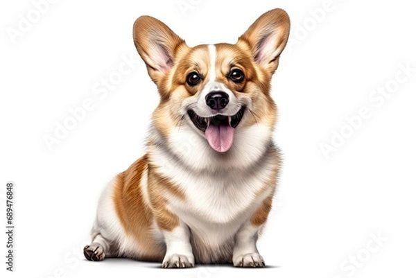 Obraz Cute corgi canine. Adorable brown and puppy poses happily in studio expressing playful joy and cheerful friendship on white background isolated