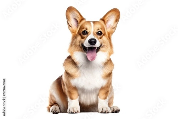 Obraz Cute corgi canine. Adorable brown and puppy poses happily in studio expressing playful joy and cheerful friendship on white background isolated