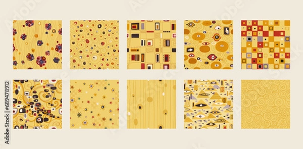 Fototapeta Klimt style inspired abstract seamless patterns pack, modern art nouveau endless backdrop set with geometric shapes, texture for wrapping or digital paper, wallpaper, scrapbooking, textile prints