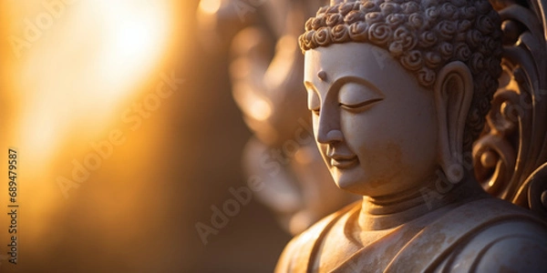 Fototapeta Peaceful buddha stone statue in calm and peaceful meditation scene with golden sunlight