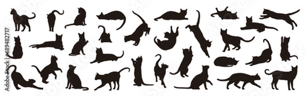 Fototapeta Collection of cat silhouettes in various poses isolated on background