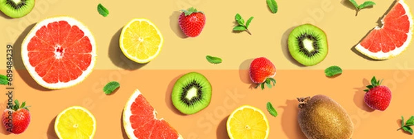 Fototapeta Collection of mixed fruits overhead view flat lay