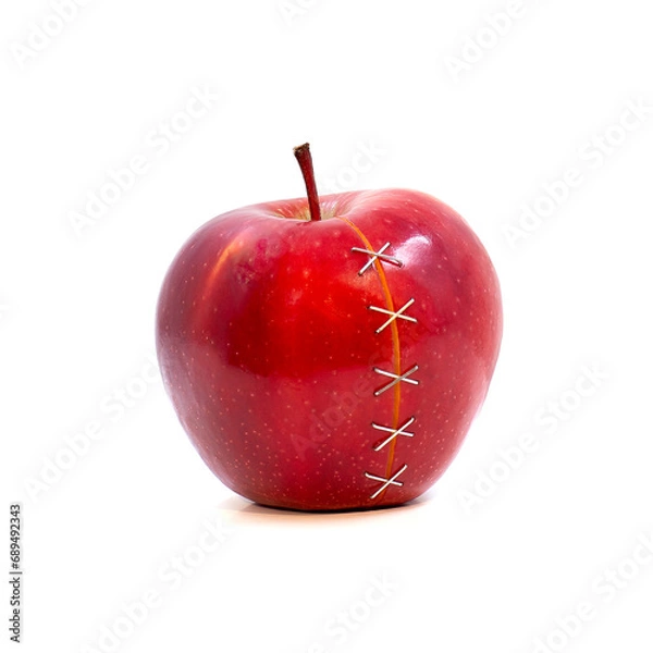 Obraz The cut apple is fastened with metal clips on white background