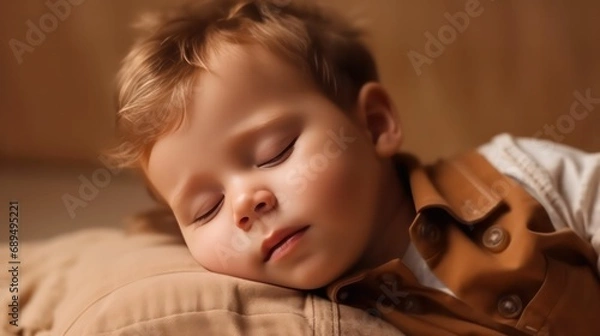 Fototapeta Cute europe's little boy lying on floor sleeping with closed eyes in light brown color background generative ai