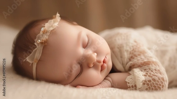 Fototapeta Cute europe's baby girl lying on floor sleeping with closed eyes in light brown color background generative ai